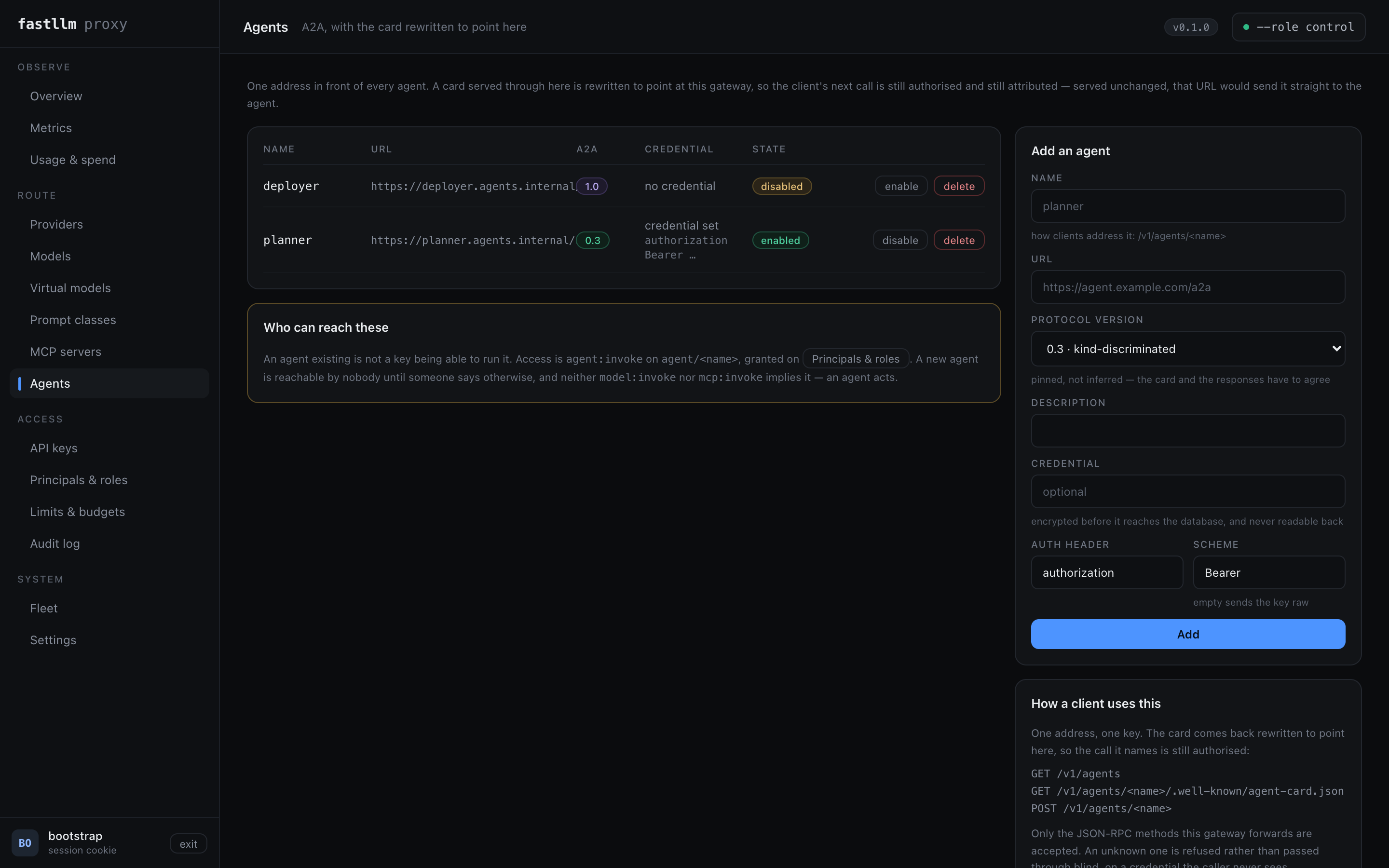 The Agents screen: each agent with its URL, pinned A2A version, whether a credential is set, and whether it is enabled