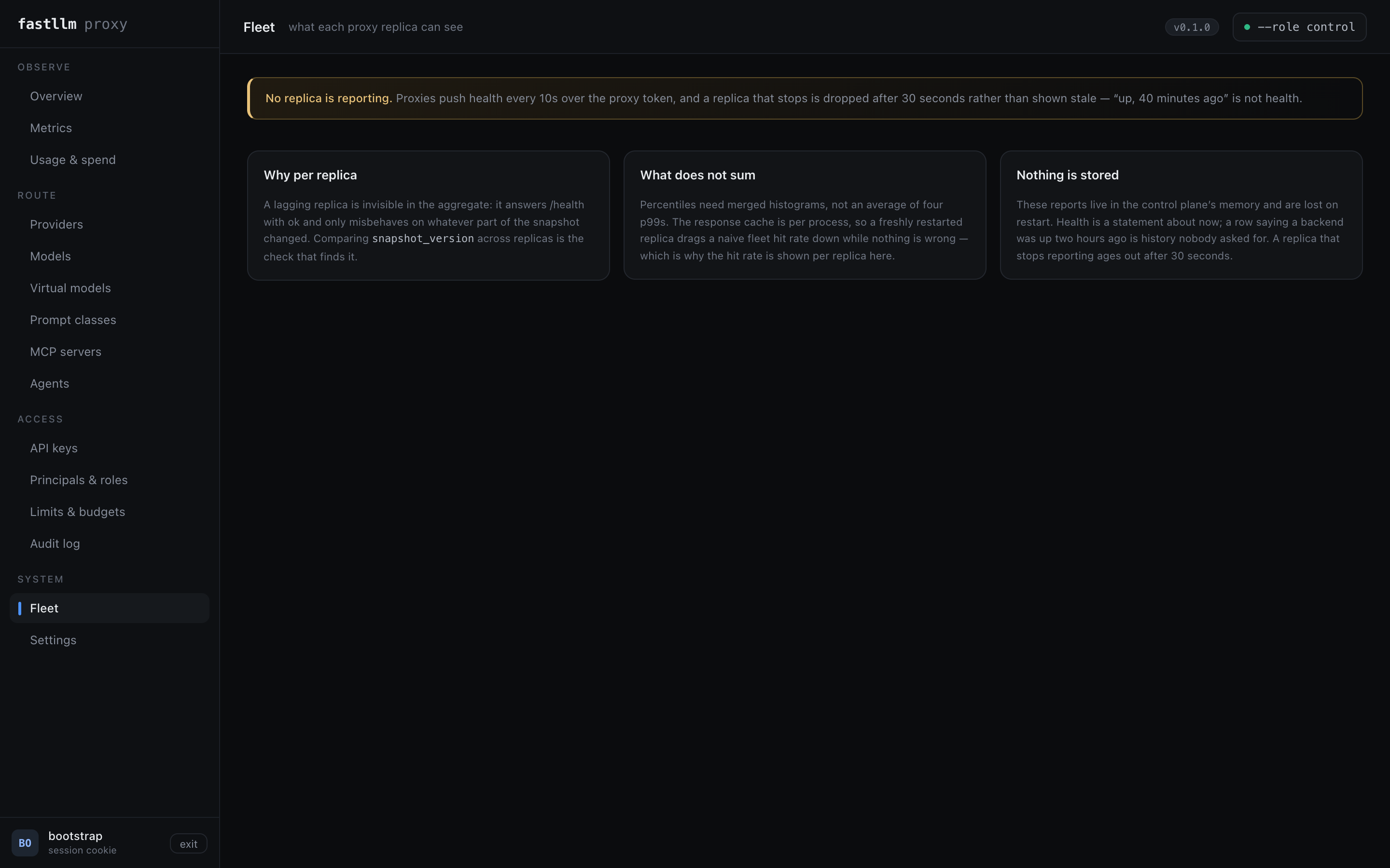 The Fleet screen: every proxy replica with its snapshot version, uptime and per-backend health