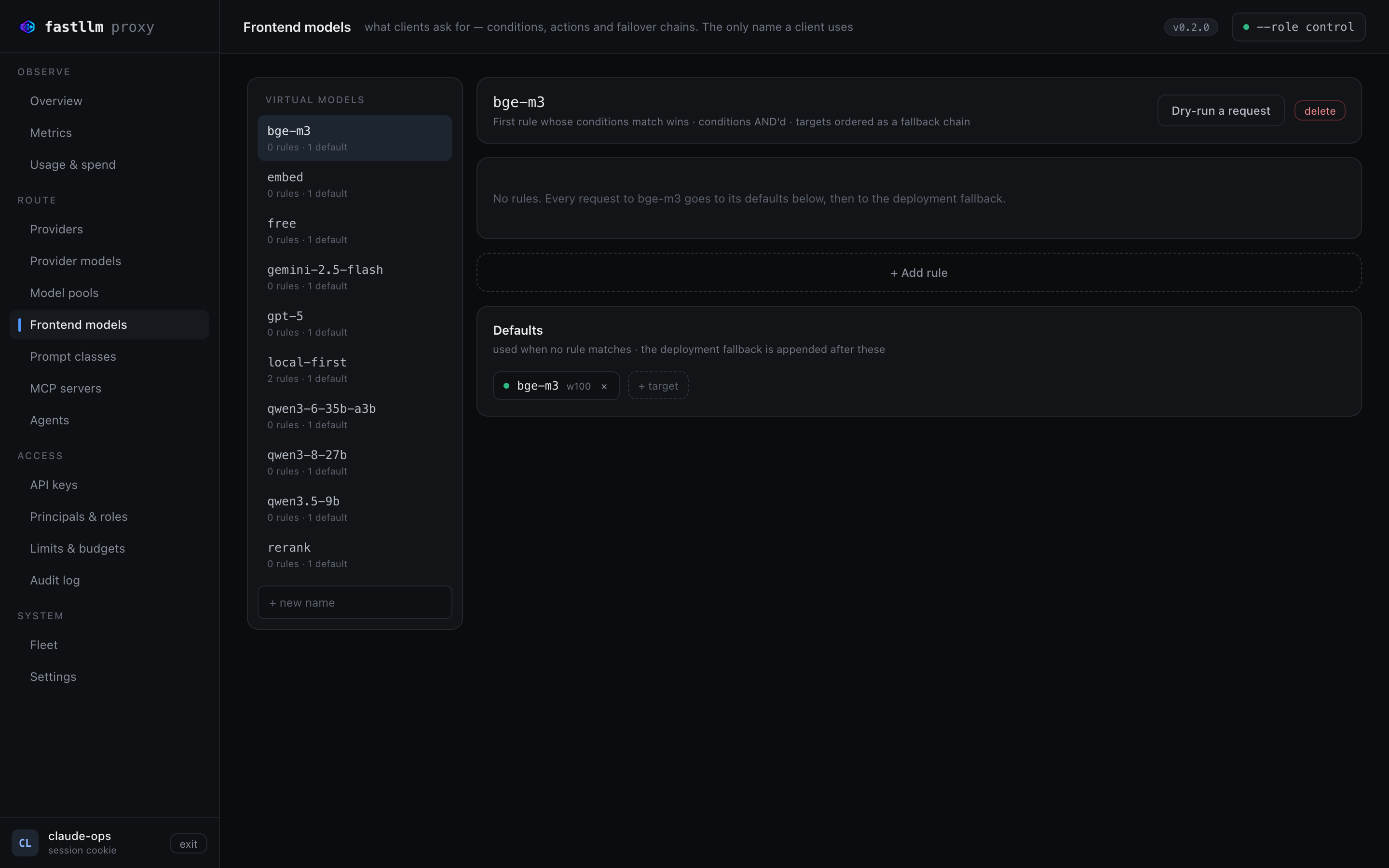 The Frontend models screen, showing a rule's conditions and weighted targets alongside a dry-run panel