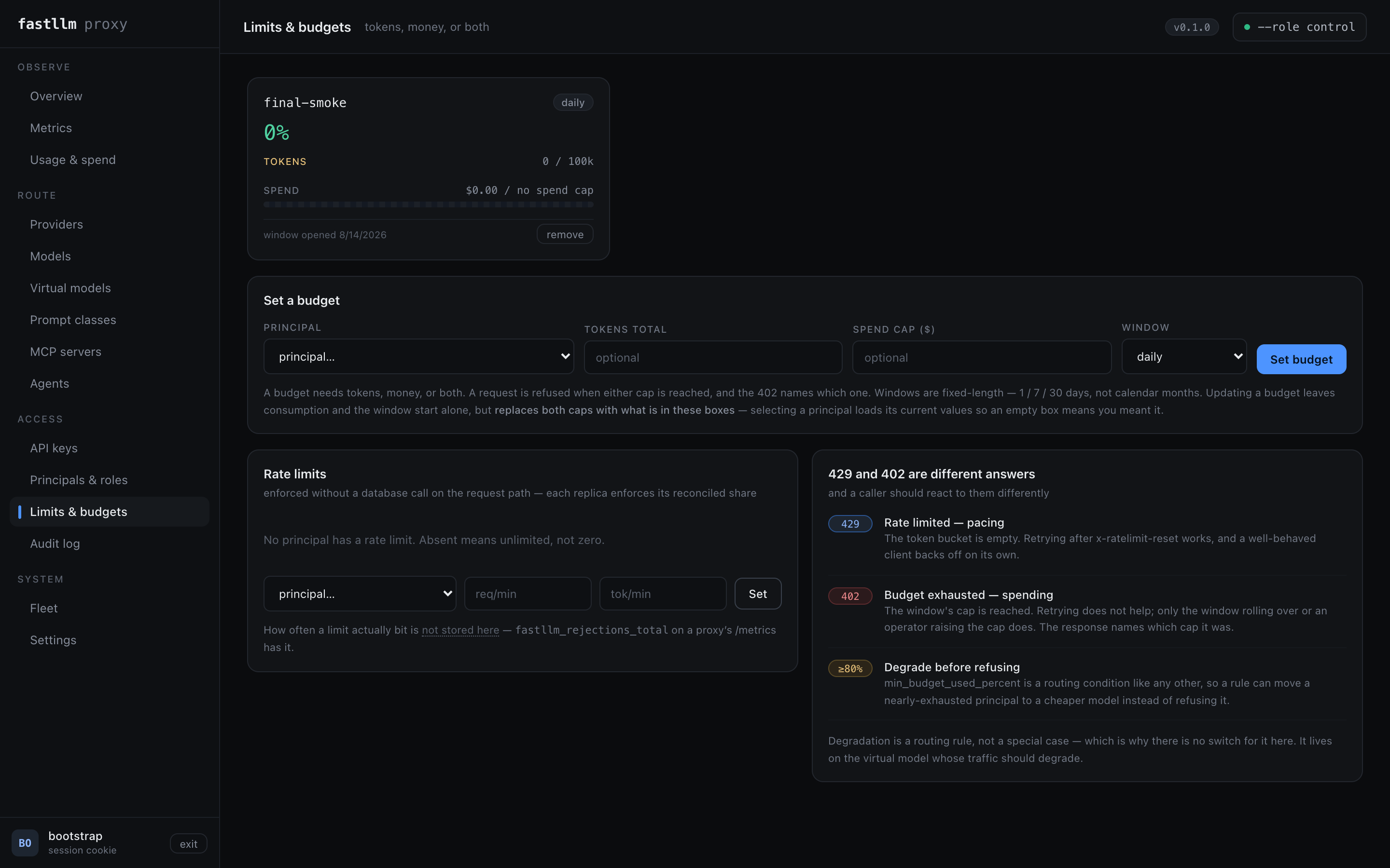 The Limits and budgets screen: per-principal token and spend budgets with consumption, and per-minute rate limits