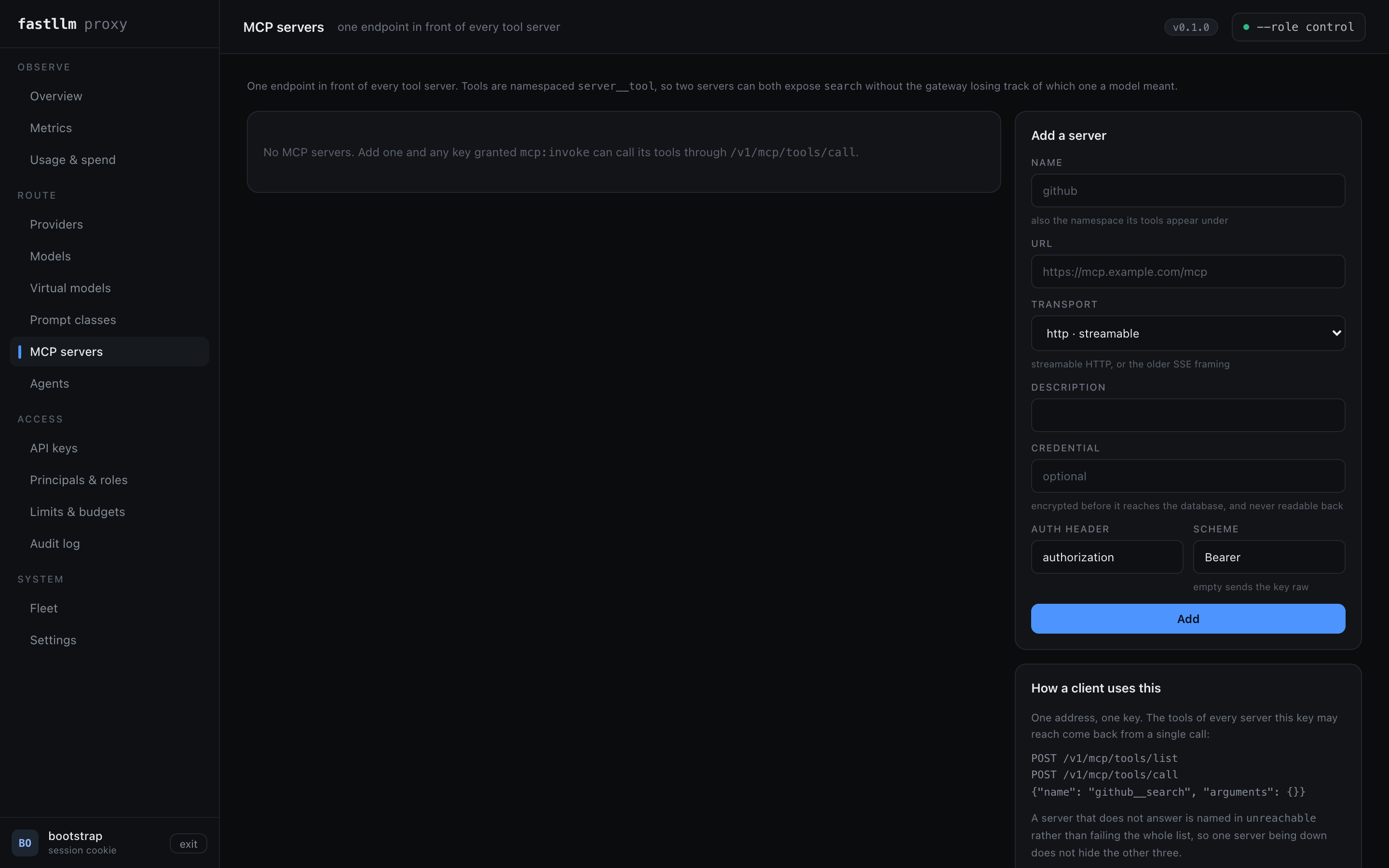 The MCP servers screen: each server with its URL, transport, whether a credential is set, and whether it is enabled