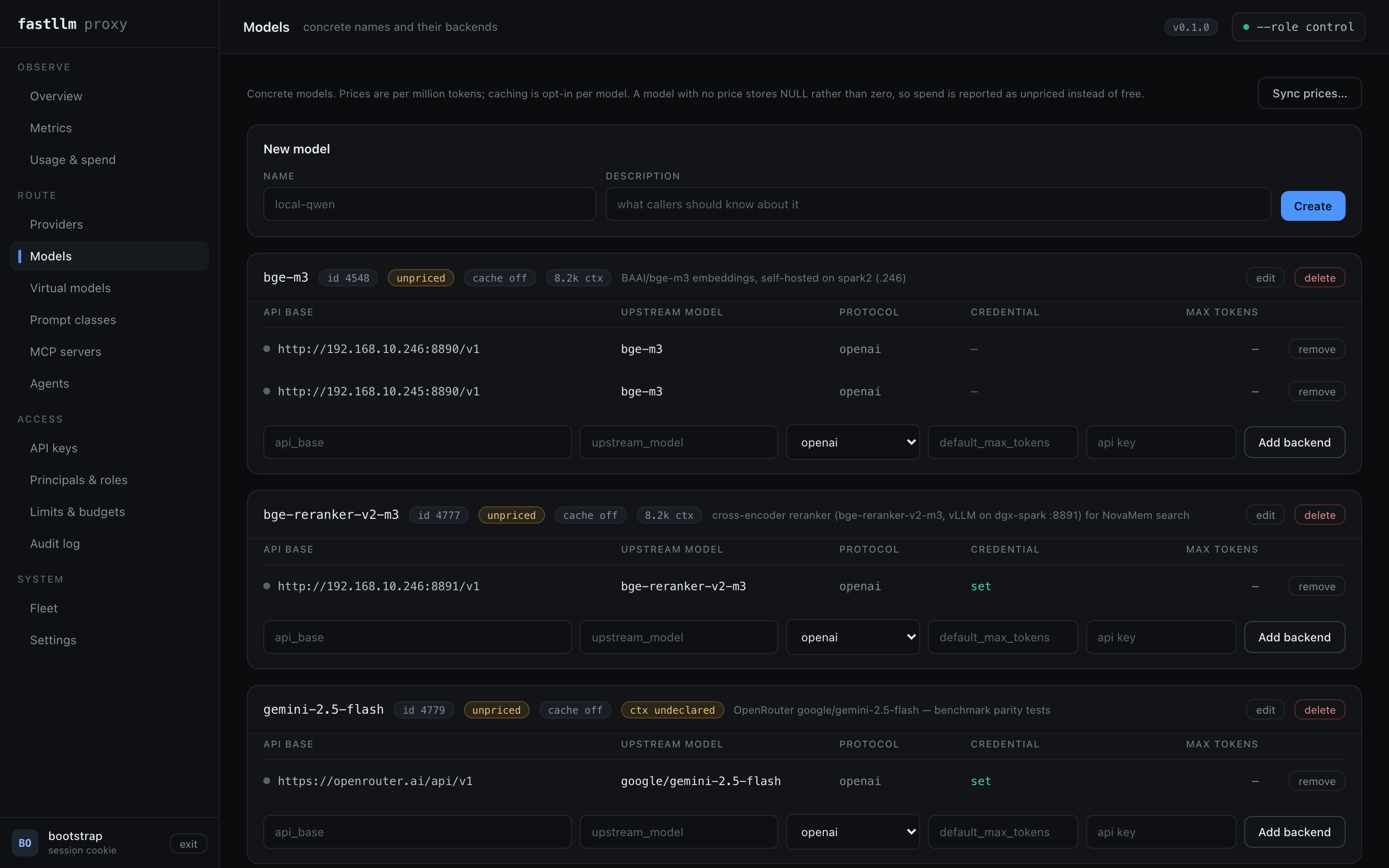 The Models screen: each model with its backends, prices, cache TTL and context window