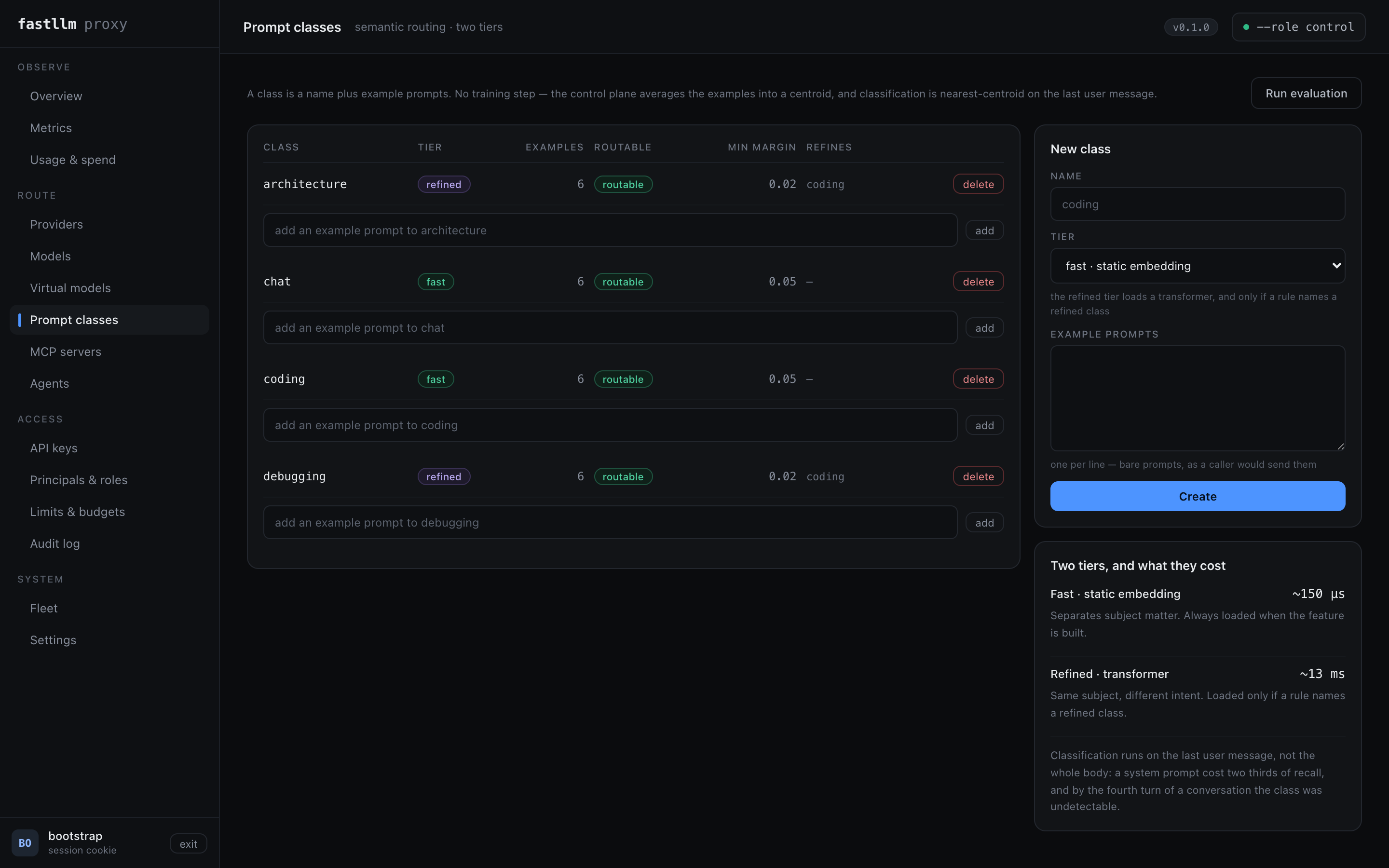 The Prompt classes screen: classes with tier, example counts, routability and a leave-one-out evaluation