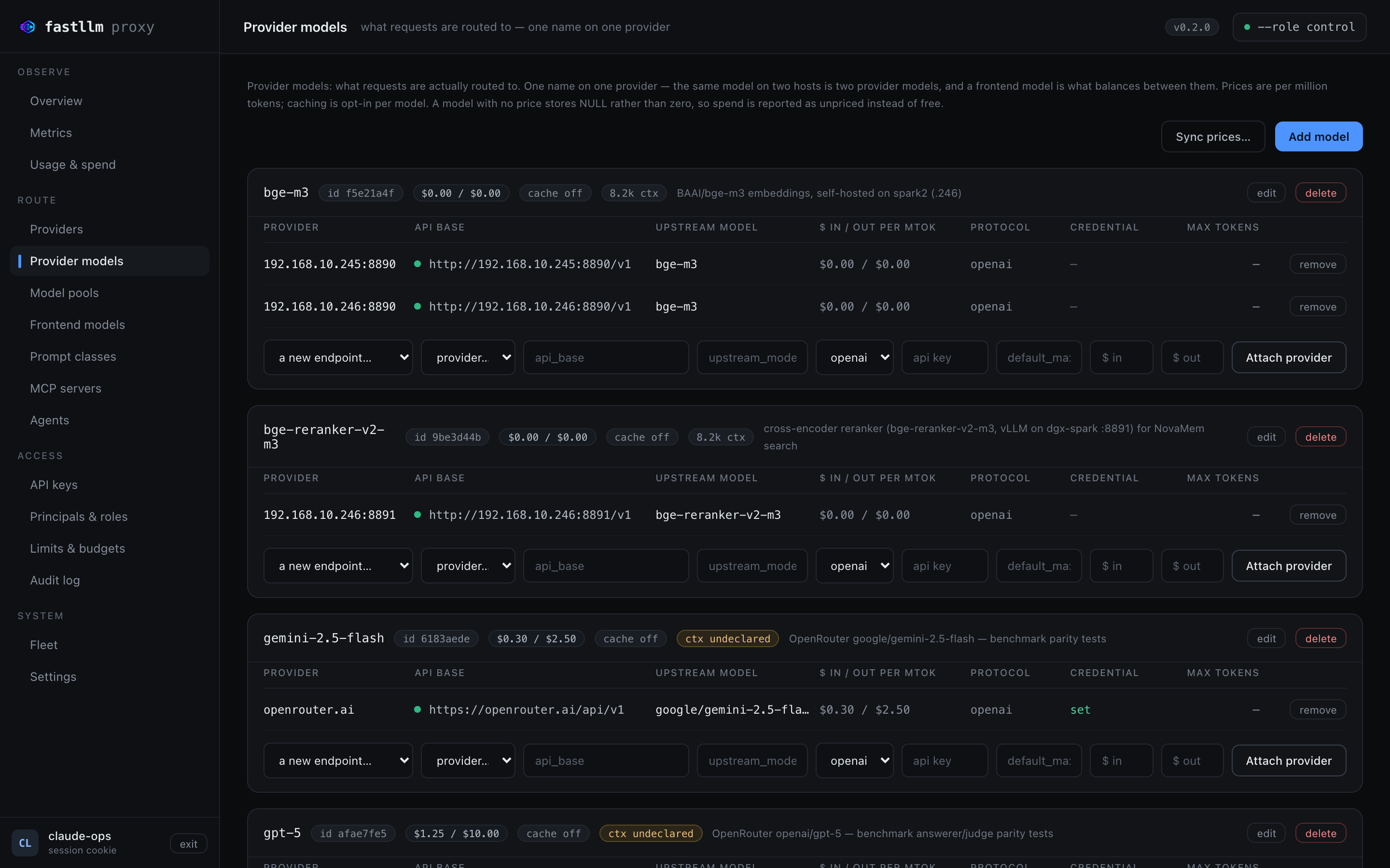 The Provider models screen: each model with its provider, prices, cache TTL and context window