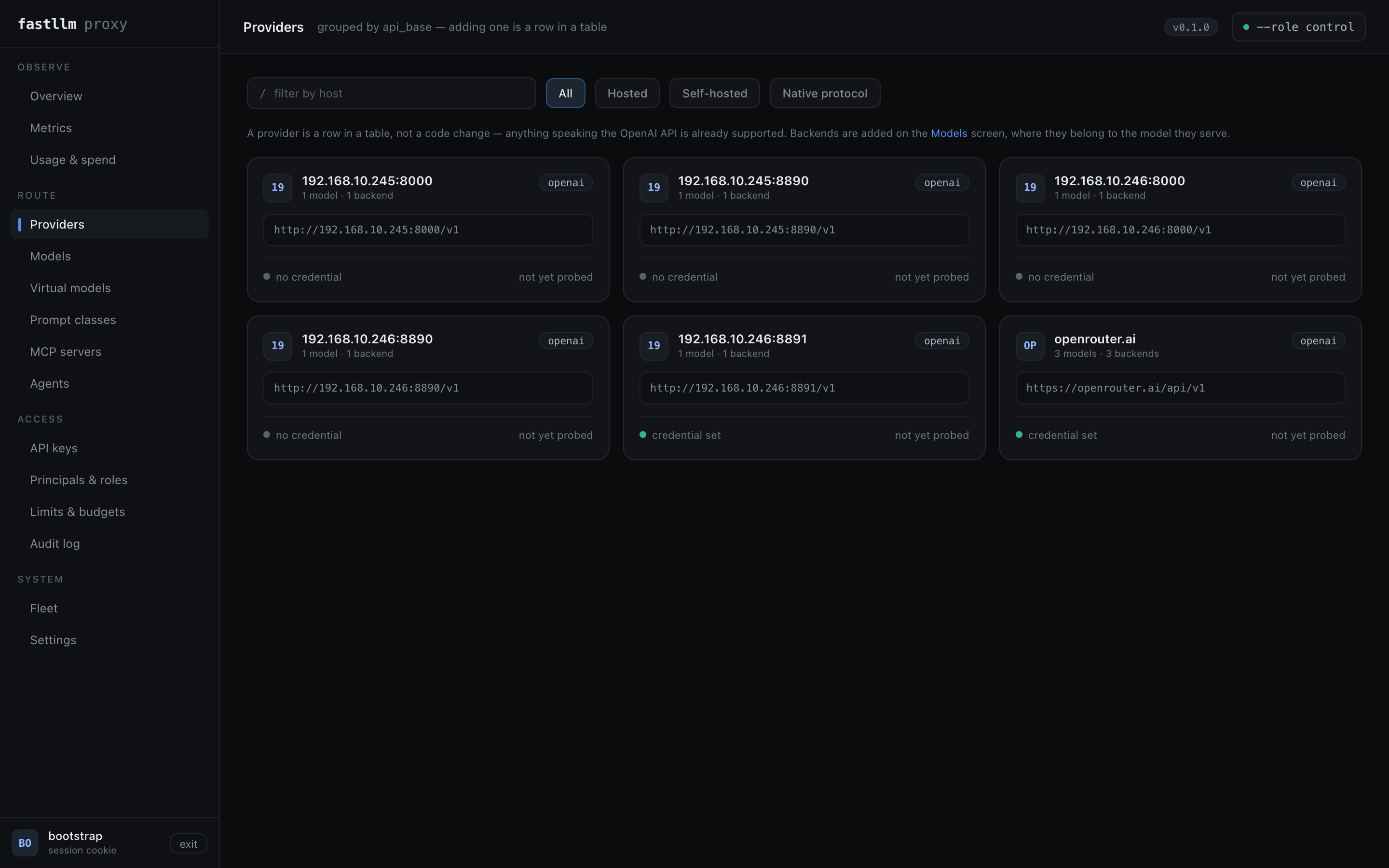 The Providers screen: backends grouped by api_base, each card showing model and backend counts, whether a credential is set, and how many are up