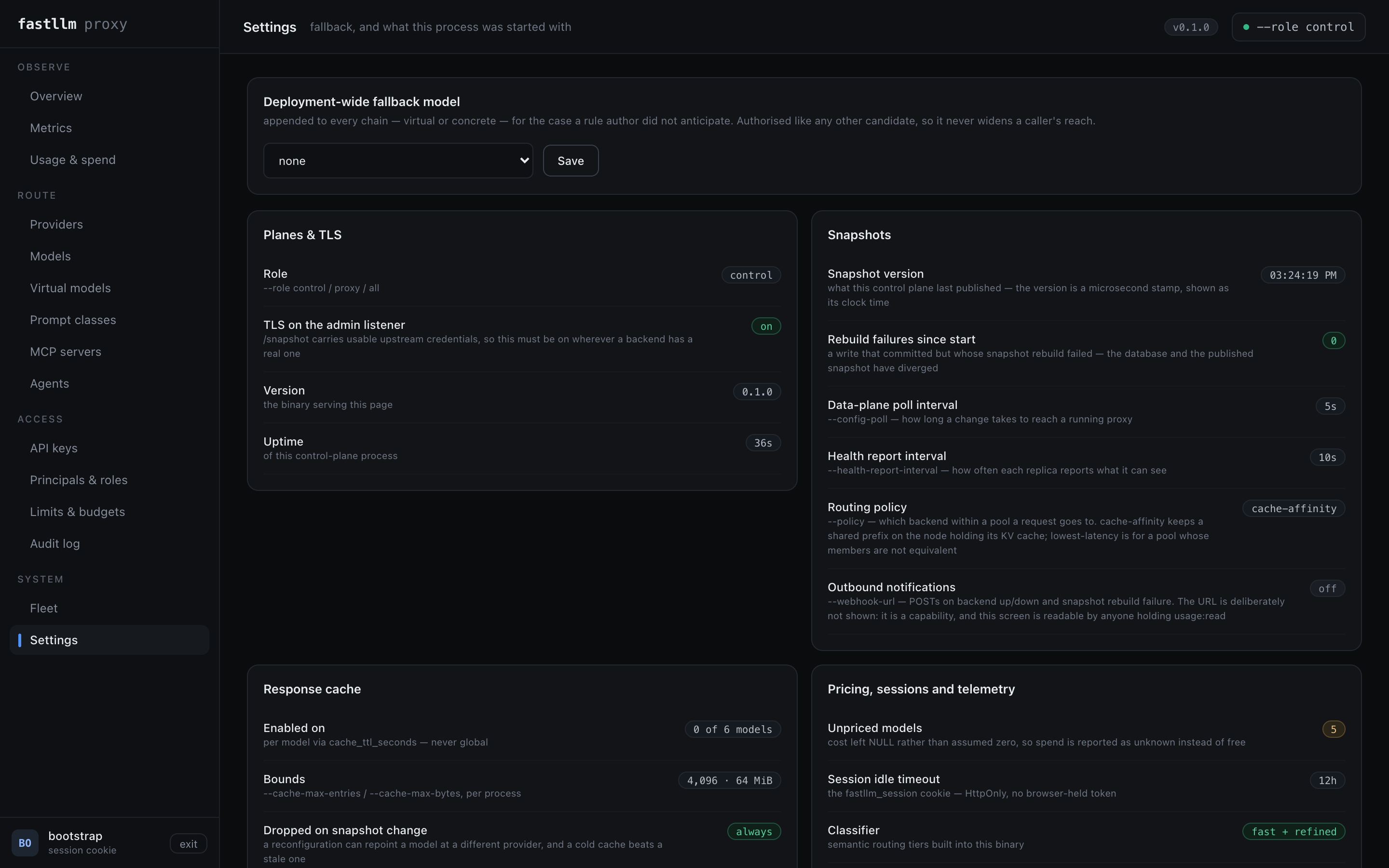 The Settings screen: deployment facts, routing policy, cache configuration, classifier tiers and the two danger-zone actions