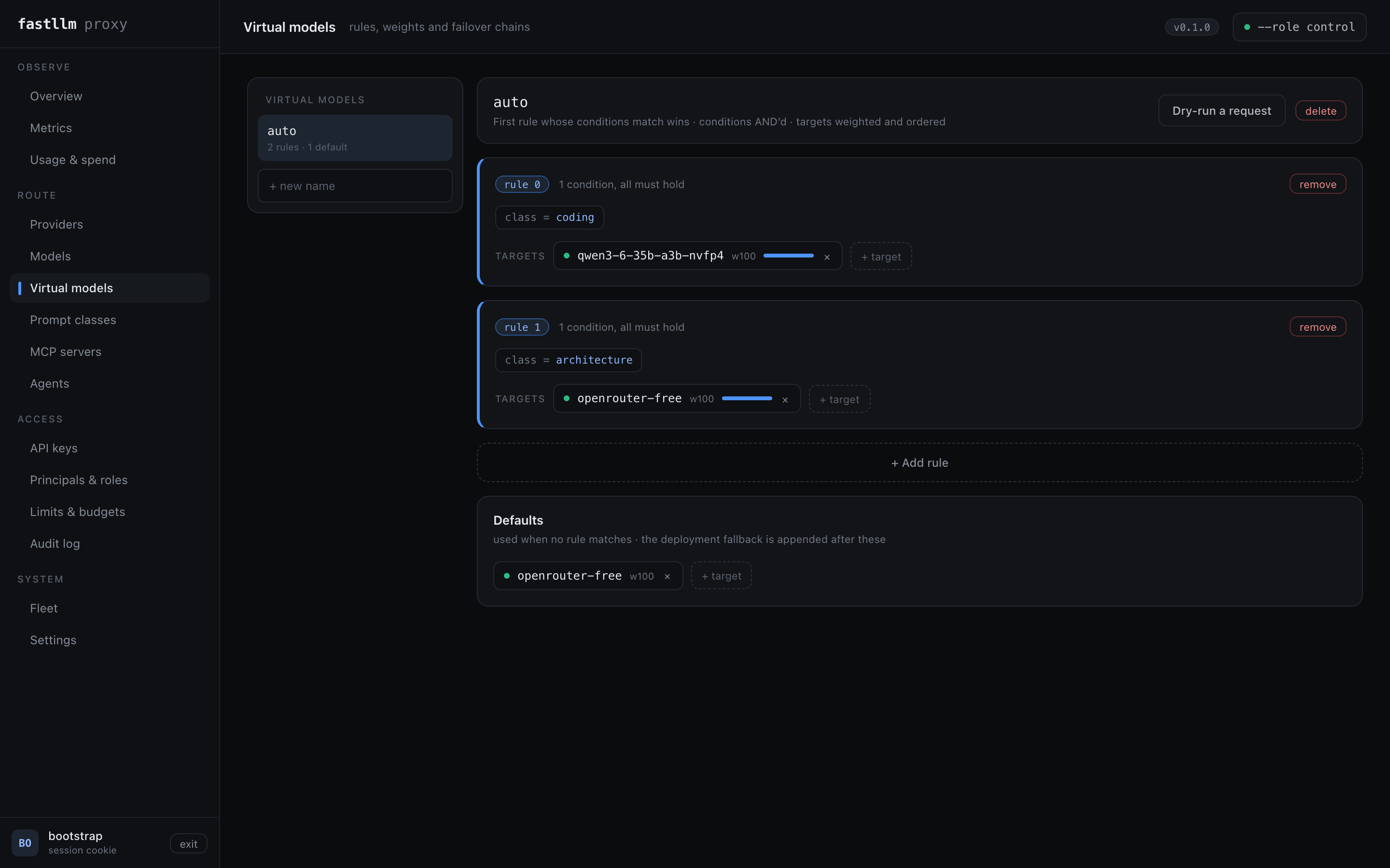 The Virtual models screen, showing a rule's conditions and weighted targets alongside a dry-run panel